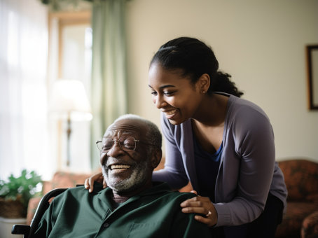 female caregiver happily hugging elderly woman