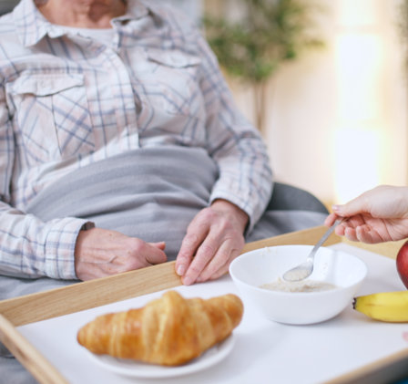 carer guiding senior in feeding